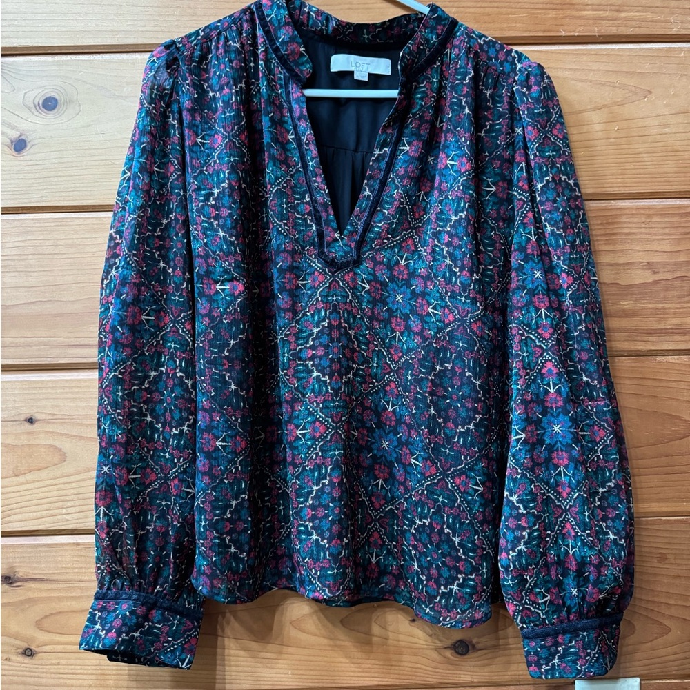 LOFT Dark Floral V-Neck Blouse